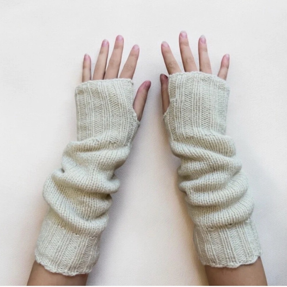 NEW Alpaca Wool Ivory Handknit Fingerless Winter Gloves Arm Warmers Fleece Lined